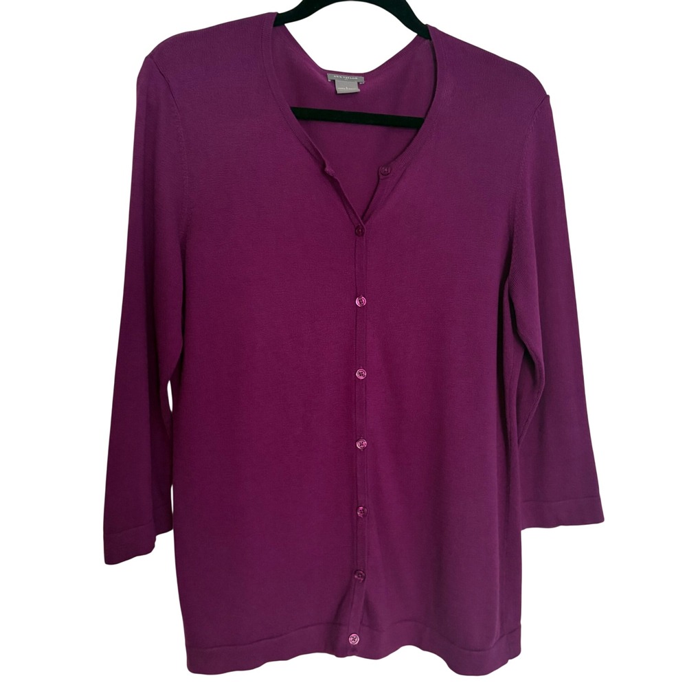 Ann Taylor Cardigan Women Large Purple Good 3/4 Sleeve V-Neck Cotton Blend